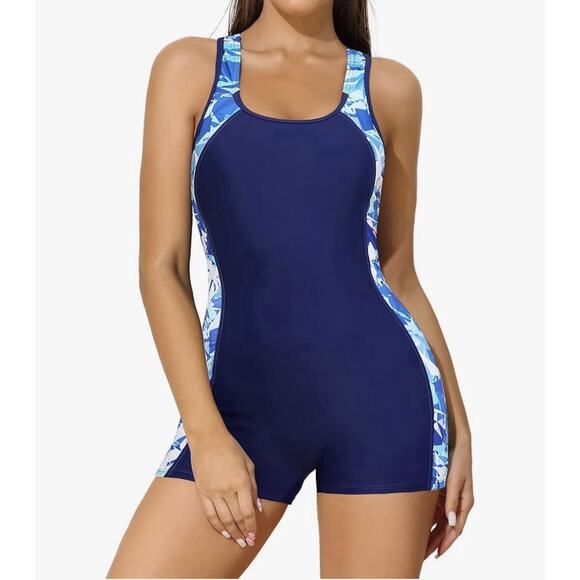 Women Boyleg One Piece Water Aerobic Competitive Bathing Suit Size L - Picture 1 of 7
